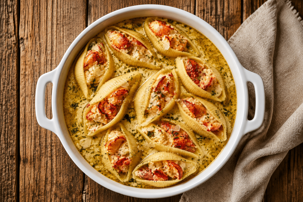Garlic-butter lobster-stuffed jumbo pasta shells covered in creamy Parmesan sauce