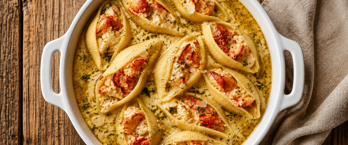 Garlic-butter lobster-stuffed jumbo pasta shells covered in creamy Parmesan sauce